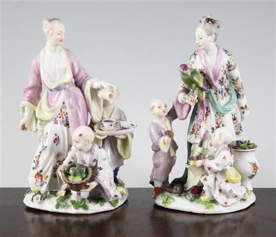 Two Meissen chinoiserie figural groups, circa 1750, height 16cm, restorations